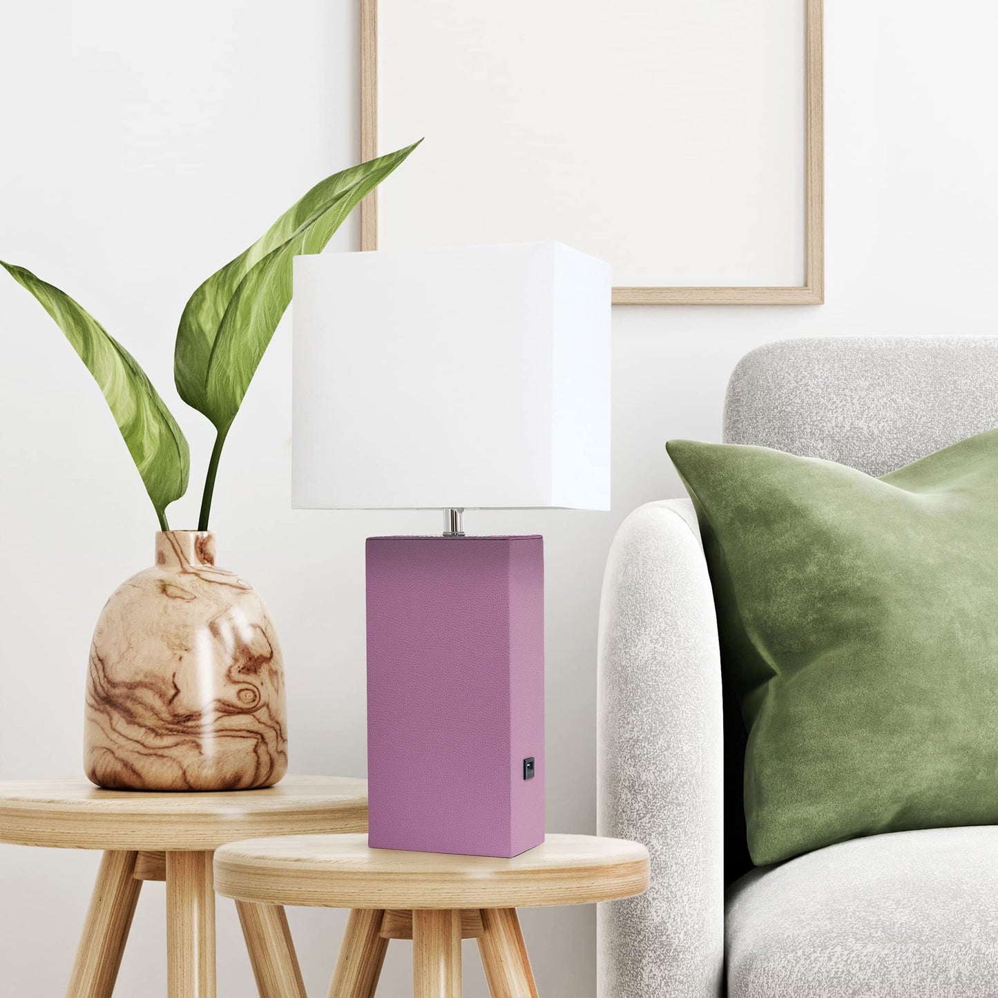 LALIA HOME 21in Leather Base Bedside Table Lamp with USB Charging Port, Purple, Model LHT-3012, Modern Home Décor for Living Room, Bedroom, Office