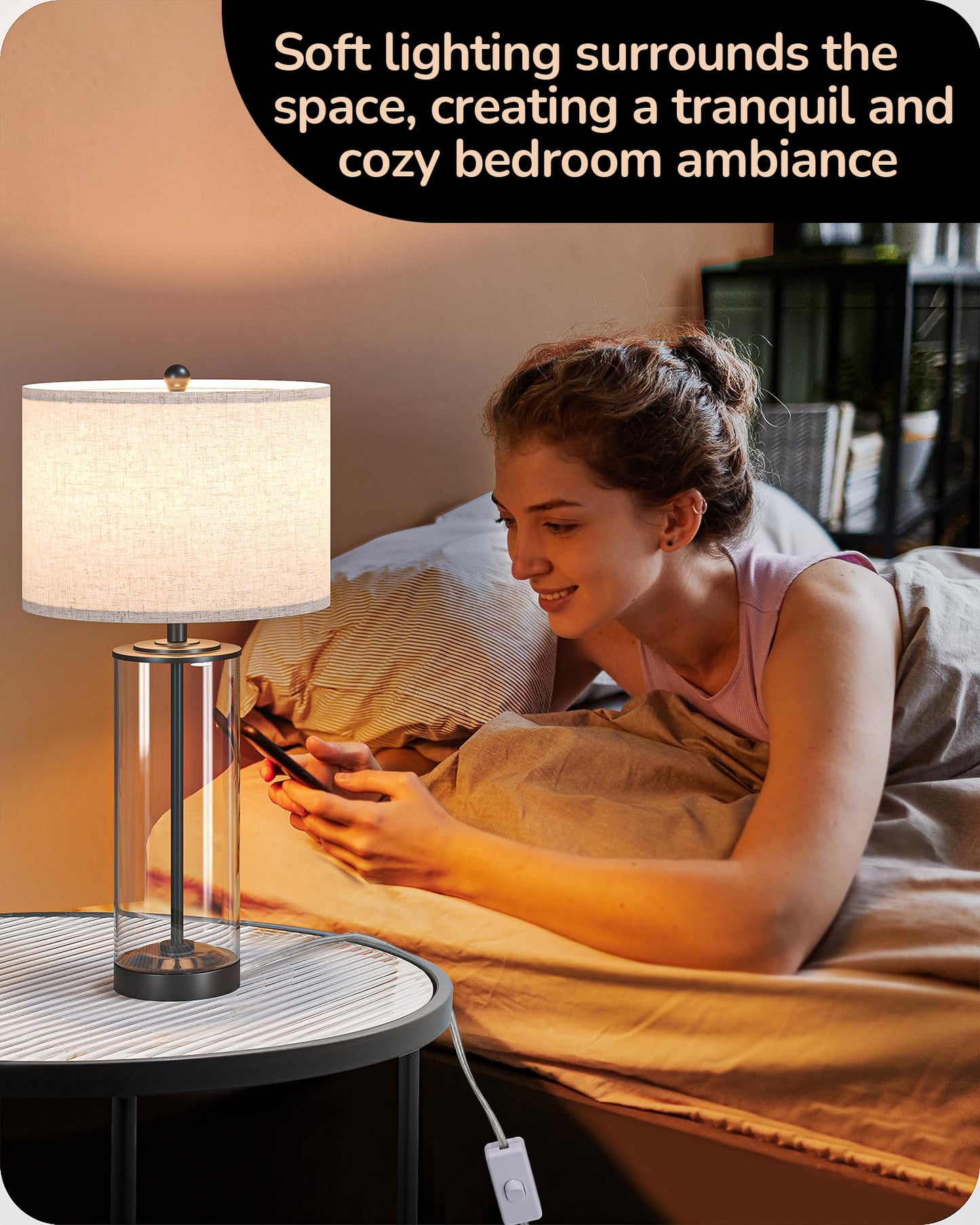 Edishine 23.6 Glass Table Lamp Set Of 2  Diy Refillable Bedside Lamp With Linen Lampshade & Rotary Switch  E26 Base  Nightstand Light For Living Room  Bedroom  Office