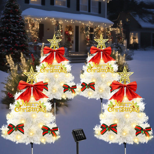 4 Pack Christmas Tree Solar Pathway Lights Outdoor Decorations  Waterproof Artificial Mini Xmas Tree Stake Lights With Diy Ornamets For Garden Yard Porch Decor (White Tree)