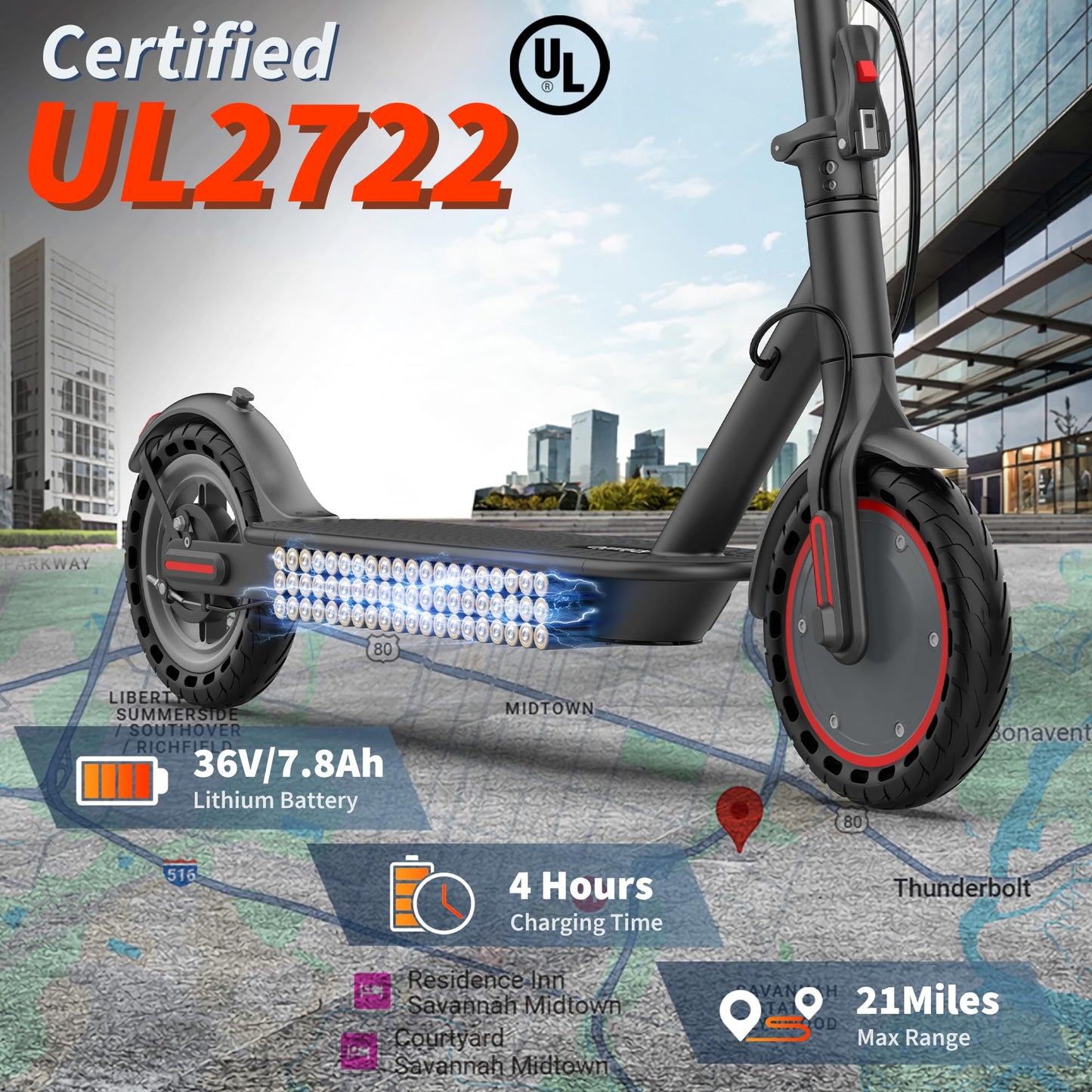 Folding Electric Scooter for Adults with Seat- 19MPH & 21-Mile Range, 350W Motor, 8.5" Solid Tires with App Control & Dual Brake System - UL2272 Certified Commuter E-Scooter