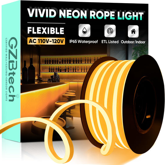 Gzbtech Flexible Led Neon Rope Lights 16.4Ft Ac 110-120V Waterproof Strip Light  120Leds/M Cuttable Connectable Neon Lighting For Indoor Outdoor Home Decor/Commercial Building Use-Amber 5M
