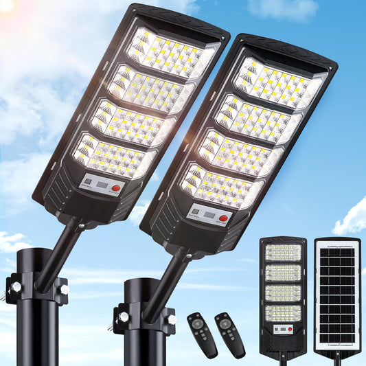 2 Pack Solar Street Lights Outdoor Waterproof  20000Lm 6500K Led Solar Motion Sensor Light Outdoor  Dusk To Dawn Flood Lights Remote Control  Commercial Area Parking Lot Light