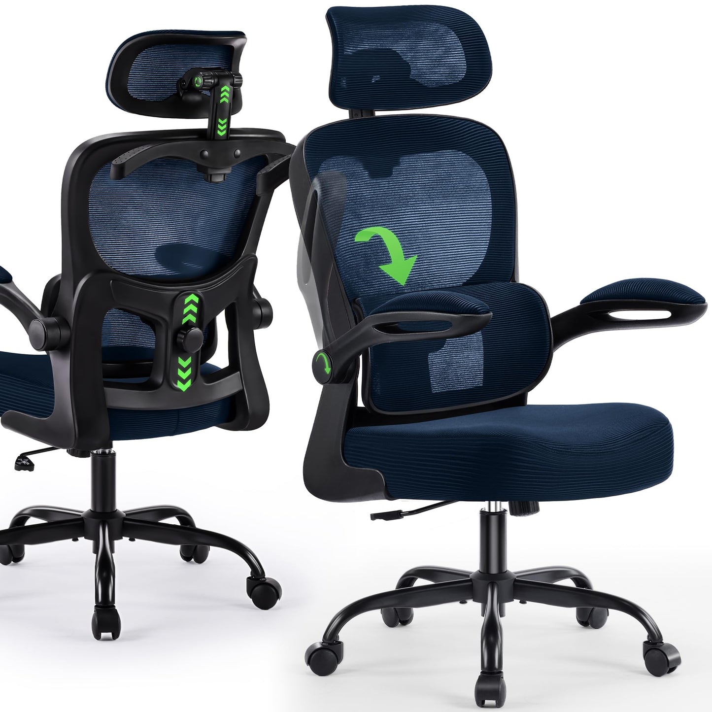 AreShark Office Chair Ergonomic Desk Chairs with Adjustable Lumbar Support& Headrest Hanger, High Back Breathable Mesh Chair with Wheels, Rolling Swivel Comfy Task Computer Chair for Home Work Gaming