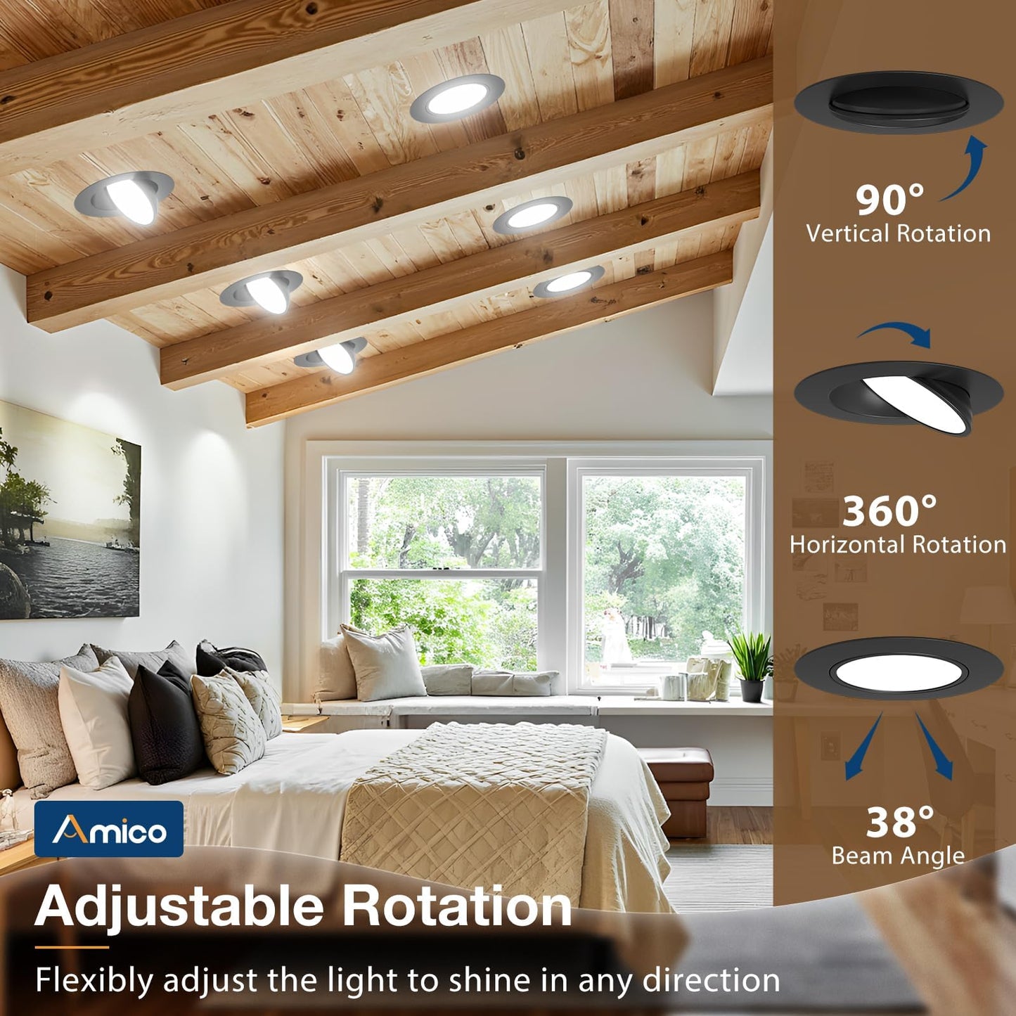 Amico 6 Pack 6 Inch 5Cct Gimbal Led Recessed Lighting  360&90 Adjustable Eyeball Directional Downlight  Dimmable  2700K/3000K/3500K/4000K/5000K Selectable  Cri90+ 12W 1200Lm  Black  Etl&Fcc