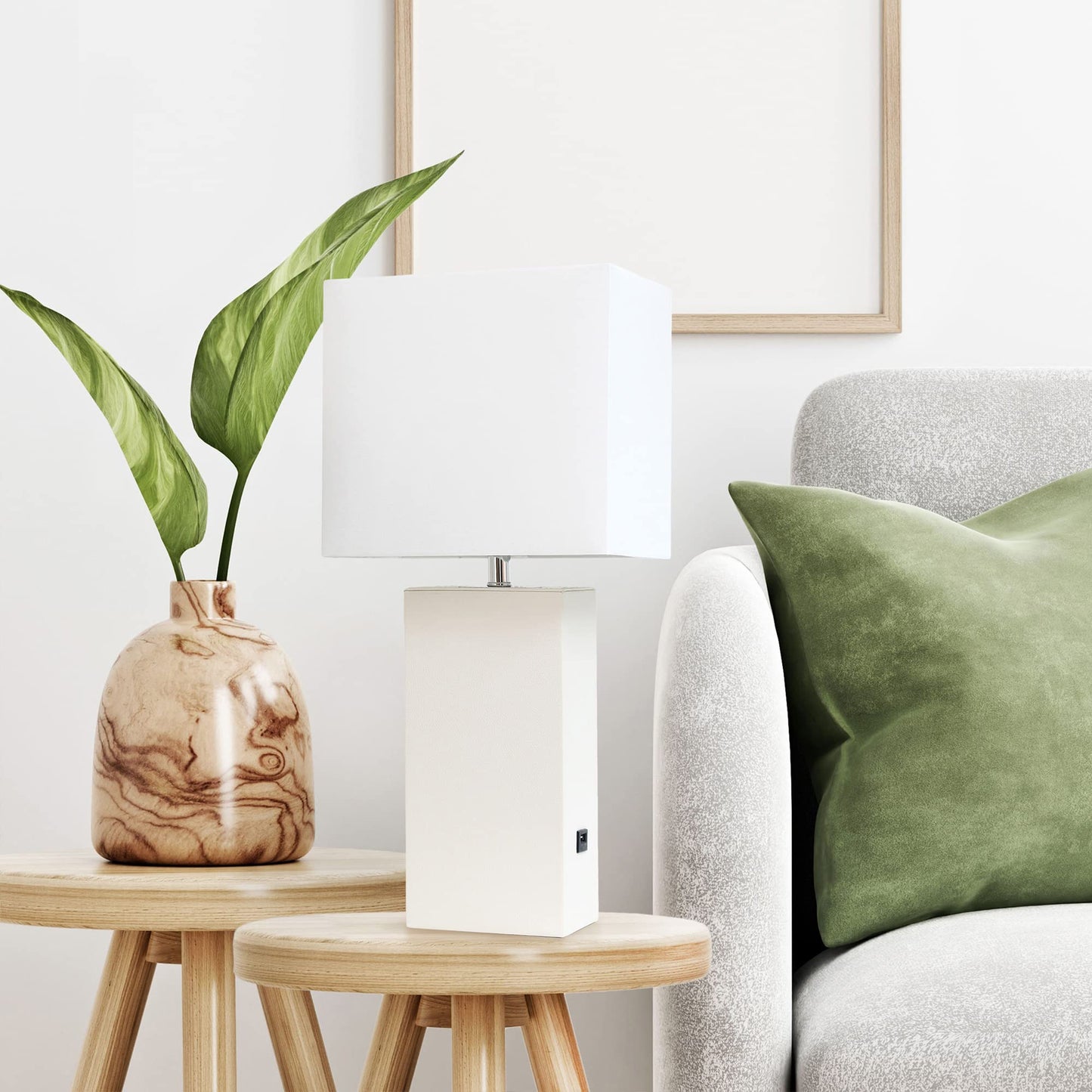 LALIA HOME Bedside Table Lamp with USB Charging Port, 21in, White, Leather Base, Model LHT-3012