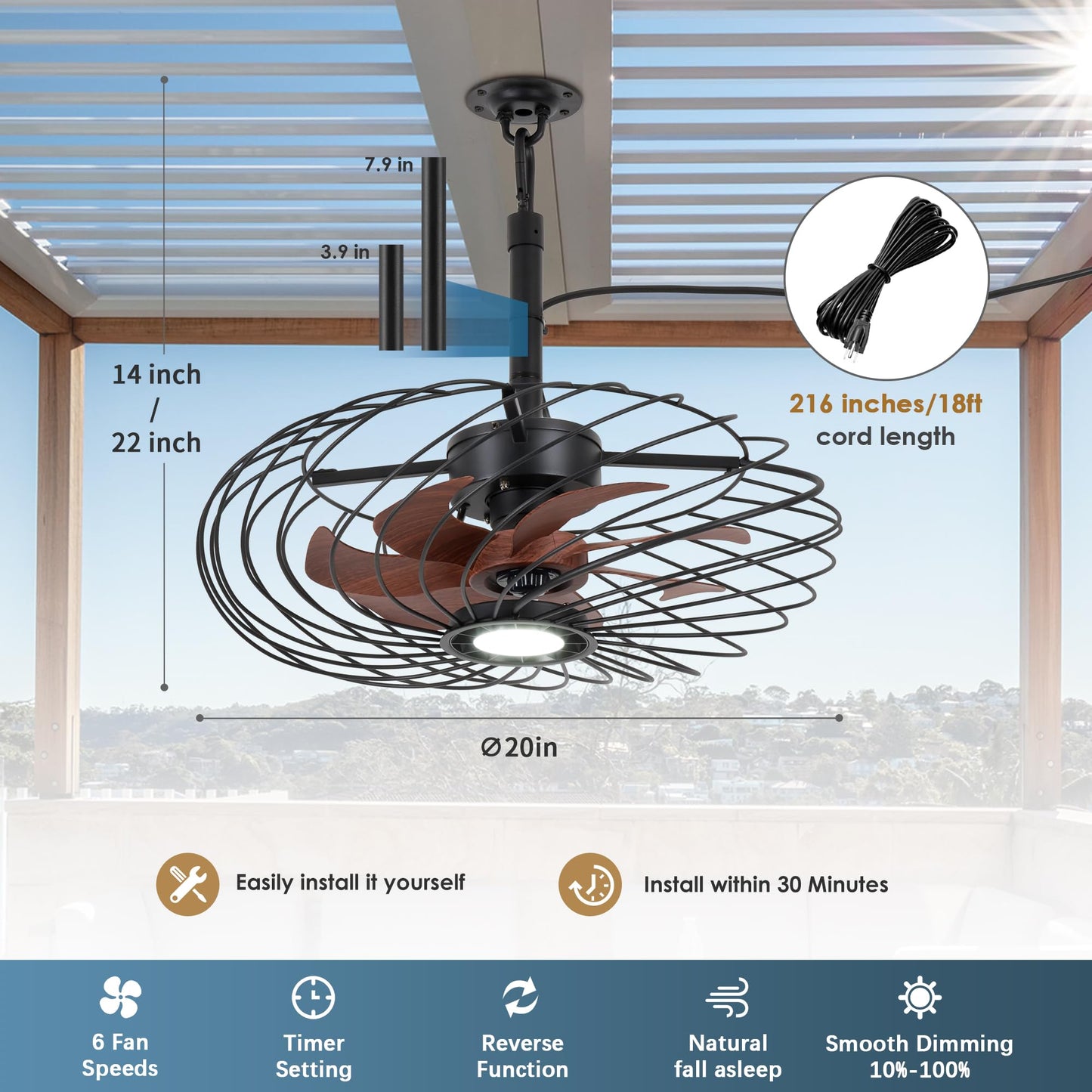 Osgner 20 Outdoor Ceiling Fan With Light  Waterproof Gazebo Fan Remote Control  Dimmable Led Light  Hanging Black Caged Ceiling Fixtures With Plug In Cord For Patios Pergola