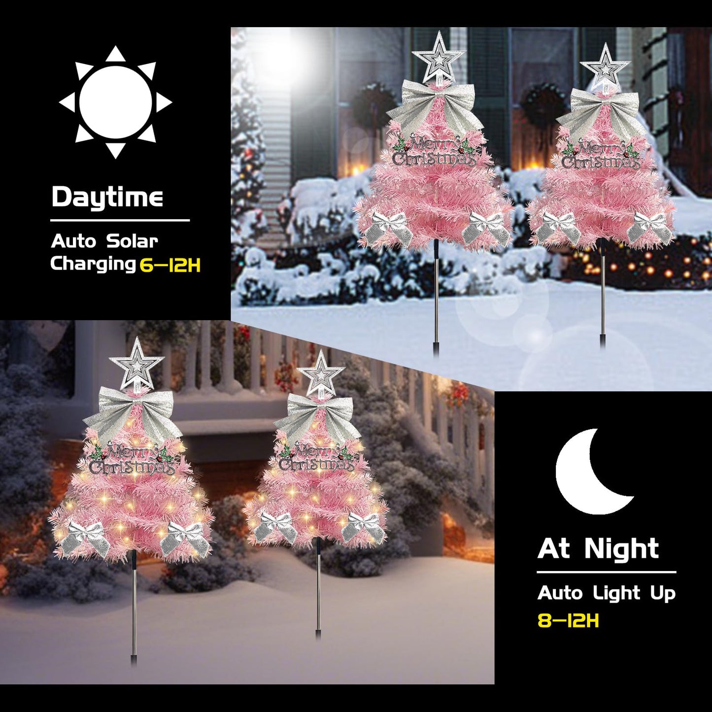 4 Pack Christmas Tree Solar Pathway Lights Outdoor Decorations  Waterproof Artificial Mini Xmas Tree Stake Lights With Diy Ornamets For Garden Yard Porch Decor (Pink Tree)