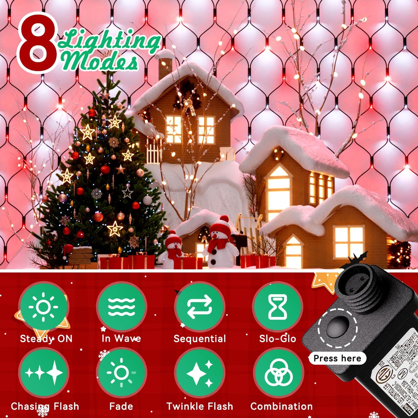 Lithome 14.8Ft X 5Ft Christmas Net Lights Outdoor  300 Led Red White Bush Lights With 8 Modes  Connectable Waterproof Net Mesh Light Dark Green Wire For Bushes Shrubs Outdoor Christmas Holiday Decor