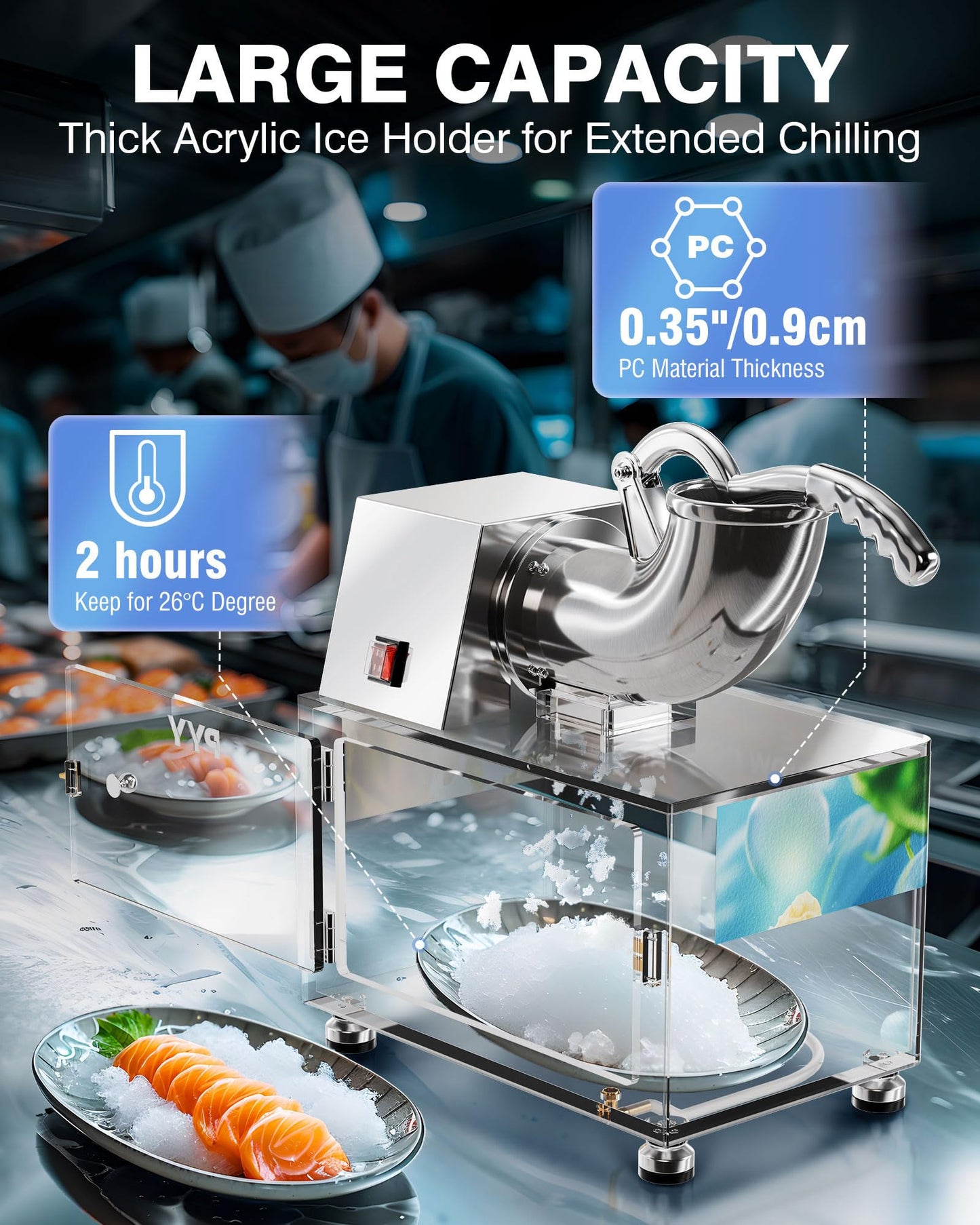 PYY Snow Cone Machine - Commercial Ice Crusher Shaver, Electric Crushed Shaved Snowcone Maker, All-Copper Motor 440LBS/H 1400RPM, Stainless Steel Full Body, Dual Blades, Acrylic Box and Drain Pipe