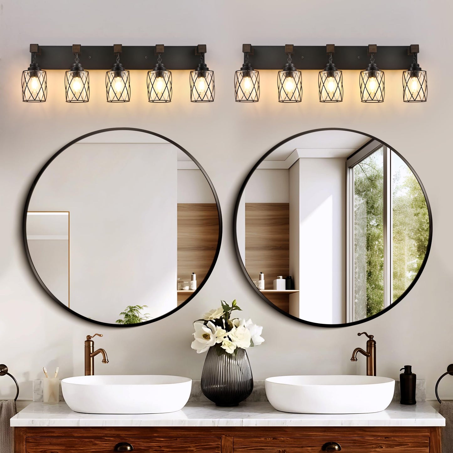 Farmhouse Bathroom Light Fixtures  5 Light Bathroom Vanity Light With Metal And Glass Lampshade  Wood Rustic Lighting Fixtures Over Mirror  Black Wall Sconces For Living Room  Bedroom