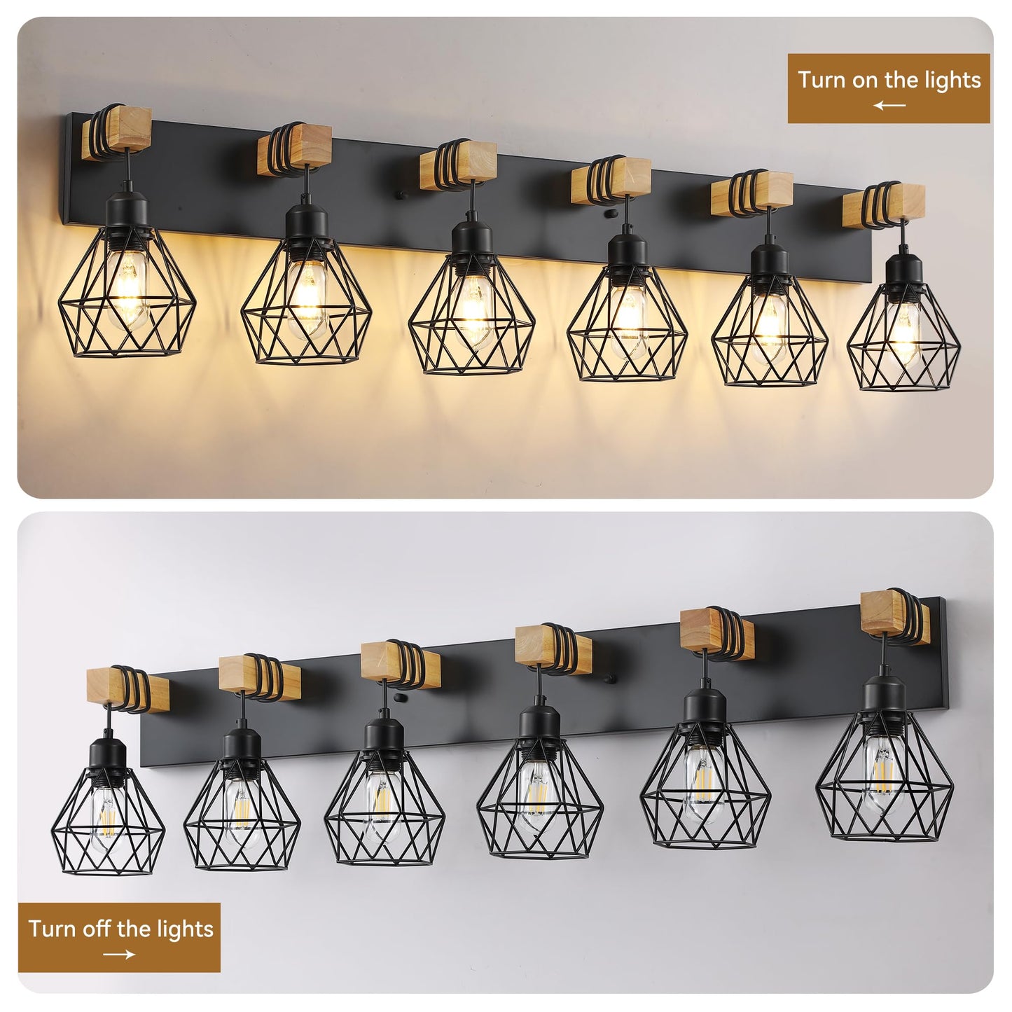 Farmhouse Vanity Light For Bathroom  6-Light Wood Bathroom Vanity Light Fixtures Over Mirror  Rustic Sconces Wall Lighting With Metal Lampshade For Living Room  Bedroom  Hallway