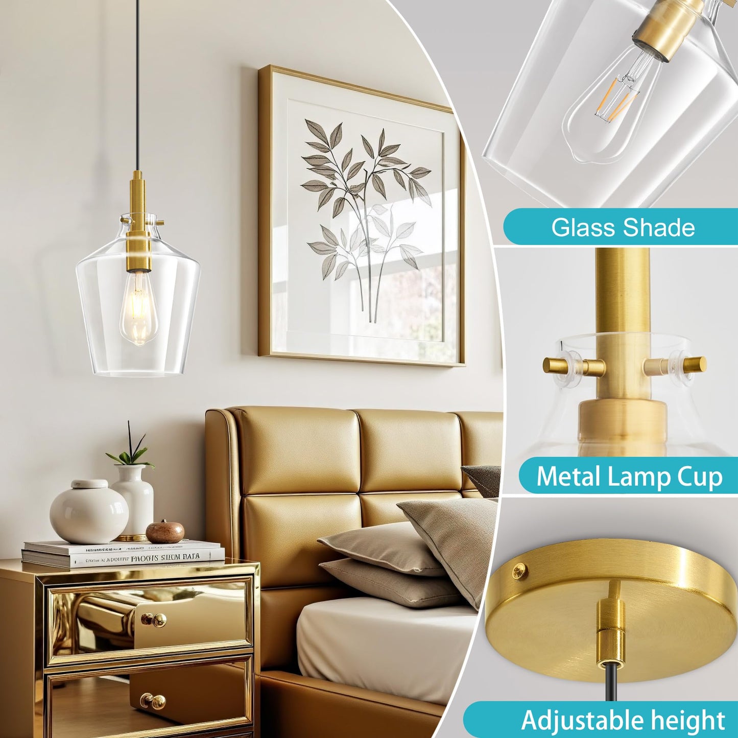 Vaziden Modern Glass Pendant Lighting For Kitchen Island 2 Pack  Farmhouse Gold Pendant Light Fixtures  Adjustable Hanging Ceiling Light  Angled Clear Glass Shades 8 Inch
