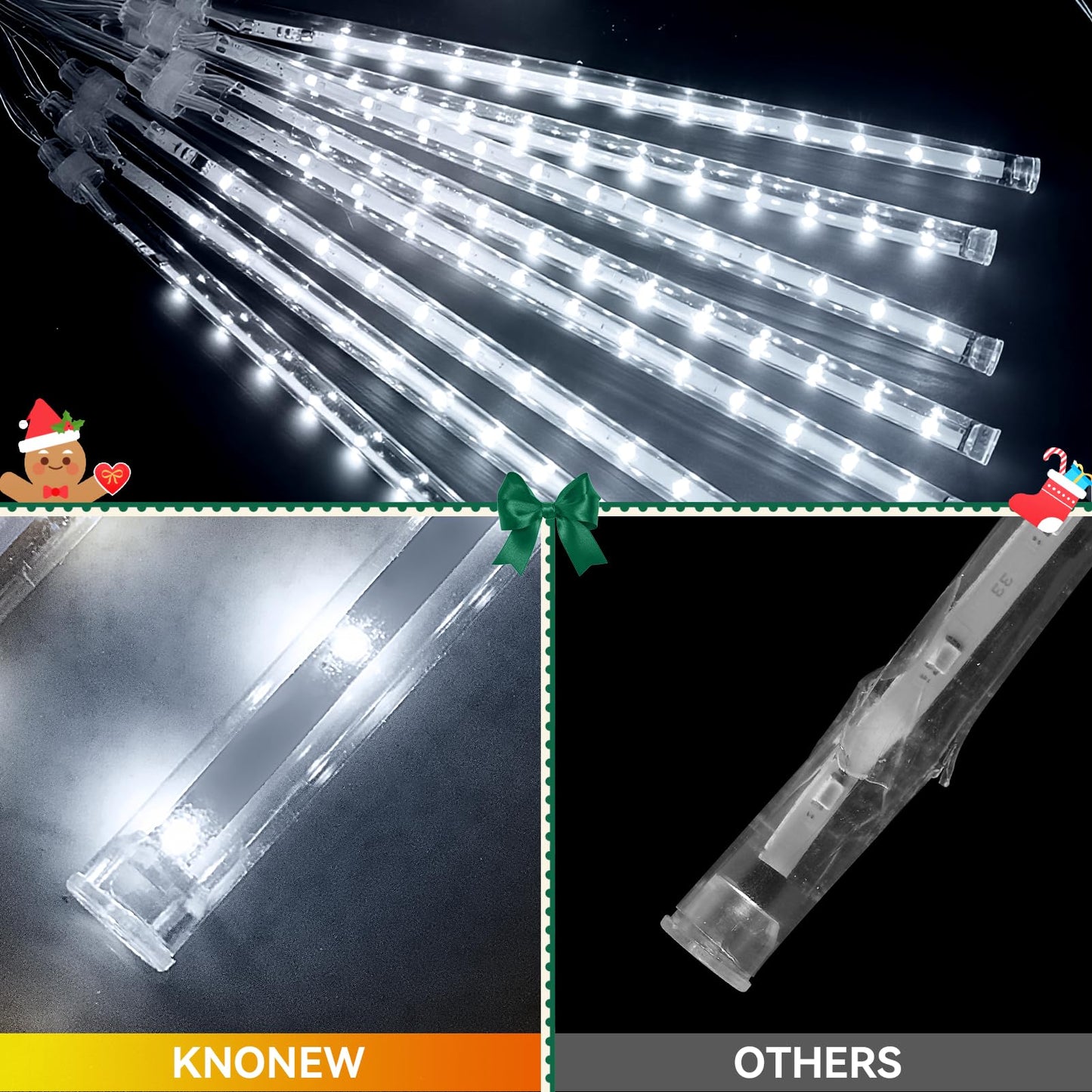 Knonew 2Pack Total 48 Tube Meteor Shower Lights 15 In 672 Leds Christmas Lights Outdoor Waterproof Plug In Falling Rain Light For Xmas Tree Wedding Party Garden Holiday Decorations (Cool White)