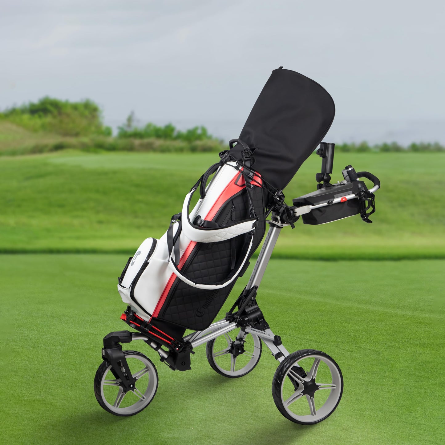 Caddytek CaddyLite Auto+360 Golf Push Cart - 4 Wheel Lightweight Foldable Golf Pushcart with Auto Folding, 360° Swivel Front Wheel, Aluminum Frame, EVA Wheels, Foot Brake, Umbrella & Drink Holder