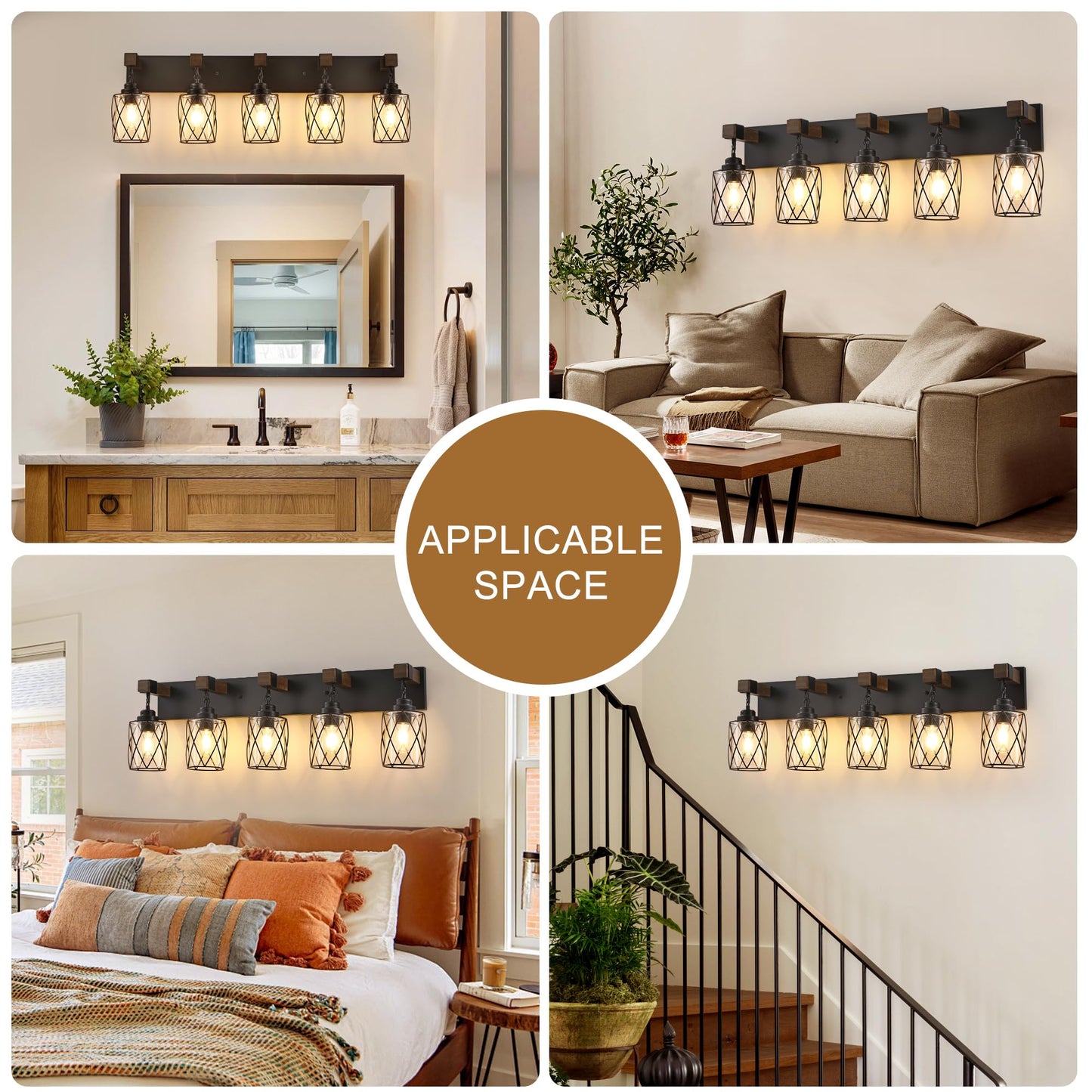 Farmhouse Bathroom Light Fixtures  5 Light Bathroom Vanity Light With Metal And Glass Lampshade  Wood Rustic Lighting Fixtures Over Mirror  Black Wall Sconces For Living Room  Bedroom