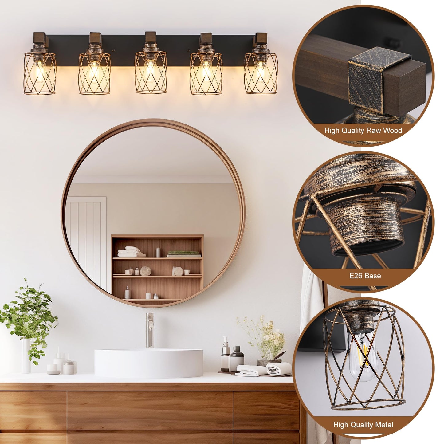 Farmhouse Bathroom Vanity Light  5-Light Wood Bathroom Light Fixtures Over Mirror  Black And Gold Industrial Vanity Lights With Metal Shade  Rustic Bathrooms Lighting For Living Room Bedroom Hallway