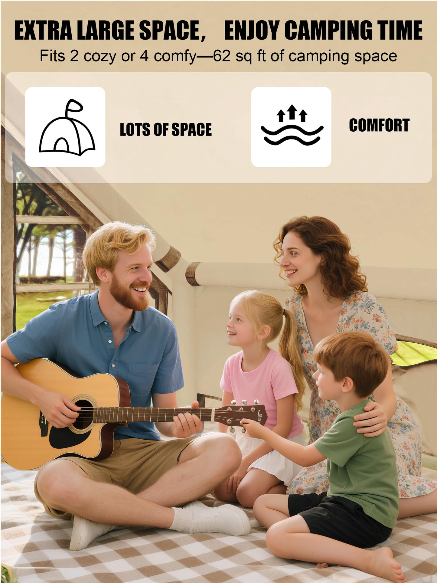 Inflatable Tents for Camping 2-4 Person - Easy Blow Up Glamping Tent with Hand Pump, Waterproof PVC Air Inflatable Tent House for Family Weekend Camping, Beige