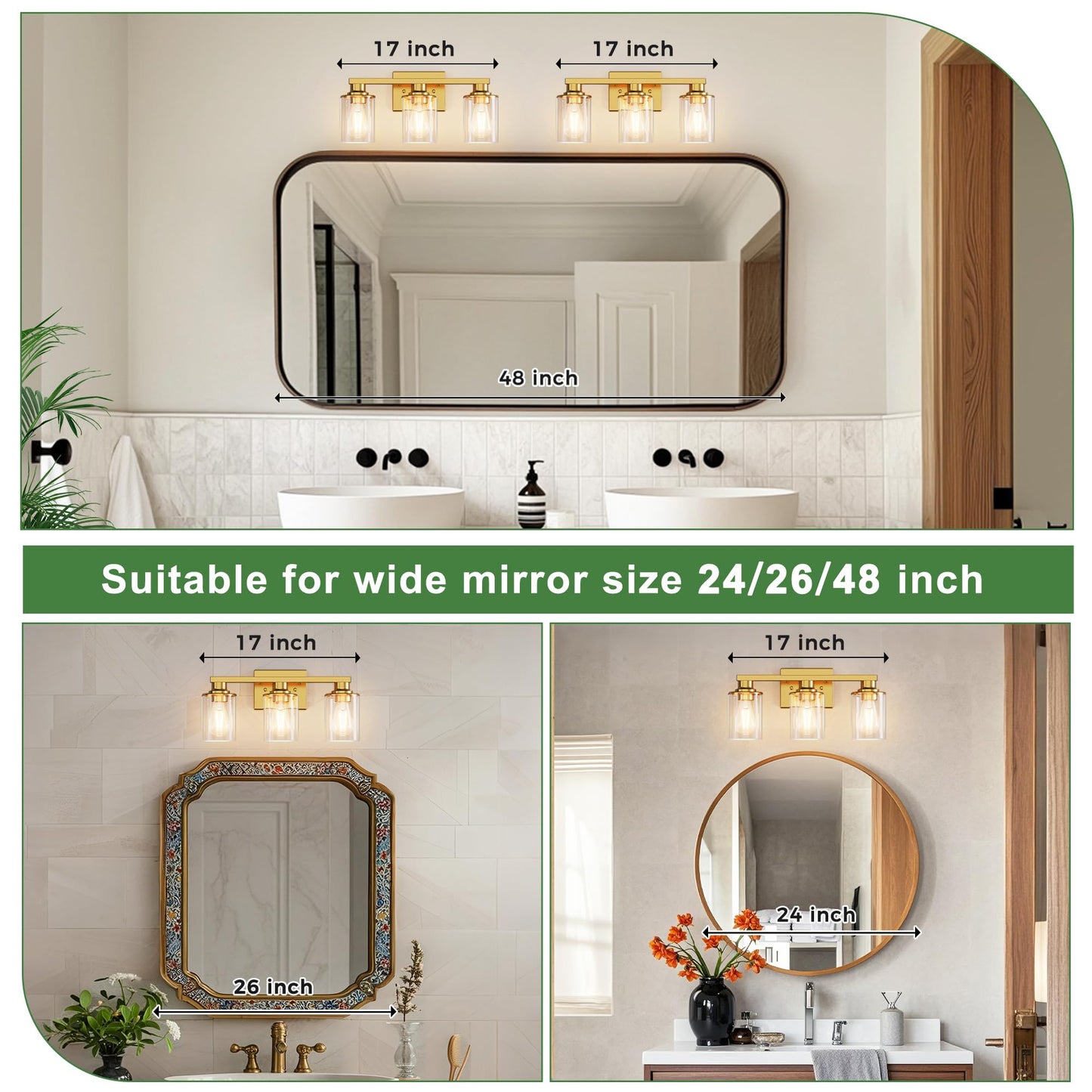 Doresshop 17 Inch Bathroom Light Fixtures  3-Light Brushed Gold Bathroom Lighting Fixtures Over Mirror With Clear Glass Shade  Vanity Lights For Living Room Bedroom
