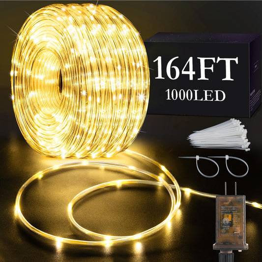 Knonew 164Ft 1000Led Rope Lights For Outside Outdoor String Lights Waterproof 8 Modes Clear Tube Light For Indoor Bedroom Wedding Garden Patio Christmas Tree Rv Holiday Decoration(Warm White)