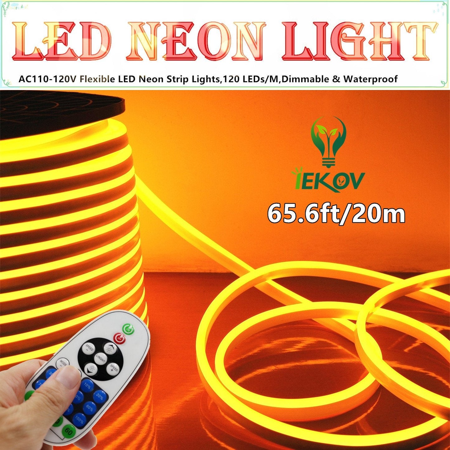 IEKOV LED Neon Light, Dimmable Waterproof 2835 SMD Strip, 20m/65.6ft, Golden Yellow, Model NEON LIGHT-Y-20M