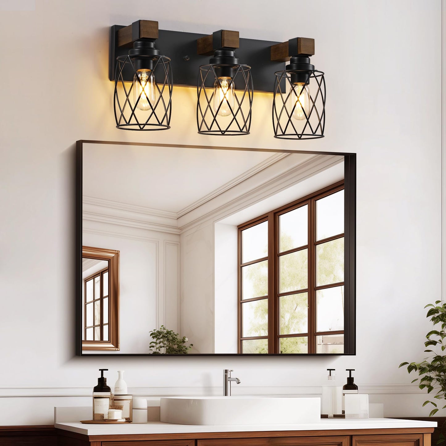 Xvmbvm Farmhouse Bathroom Vanity Light  3-Light Wood Bathroom Light Fixtures Over Mirror  Black Industrial Vanity Lights With Metal Shade  Rustic Bathrooms Lighting For Living Room  Bedroom  Hallway