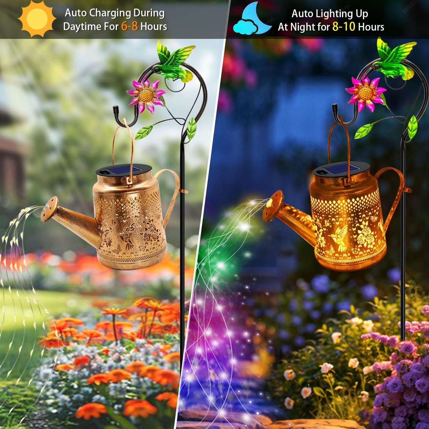 2 Pack Solar Lanterns Outdoor Waterproof Hummingbird Watering Can Garden Decor Hanging Solar Path Lights Yard Art Outside Patio Decorations Gardening Birthday Gifts For Mom Grandma Women (With Hook)
