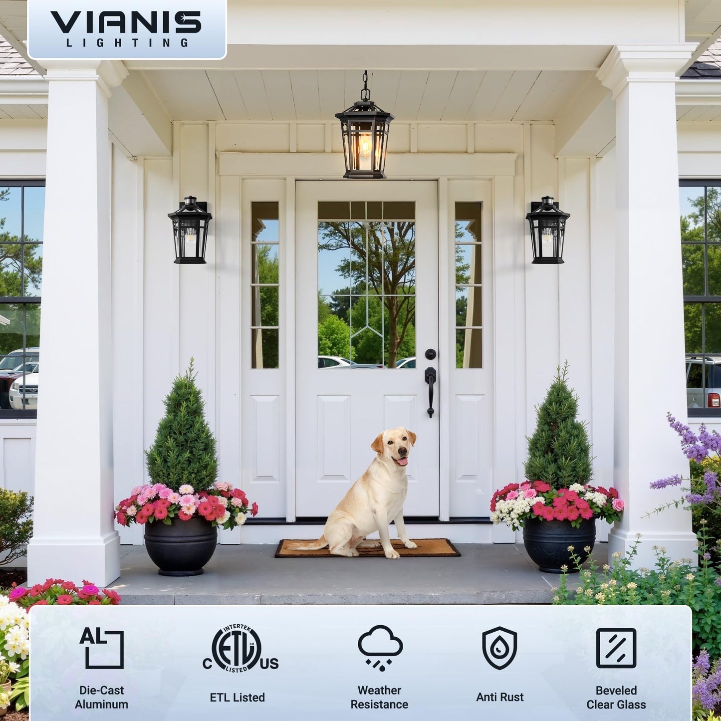 Vianis Large Outdoor Pendant Light With Adjustable Chain  Black Hanging Lights With Gold Trim  Aluminum Outdoor Chandelier For Porch With Tempered Glass  Hanging Lighting For House  Doorway  Entryway