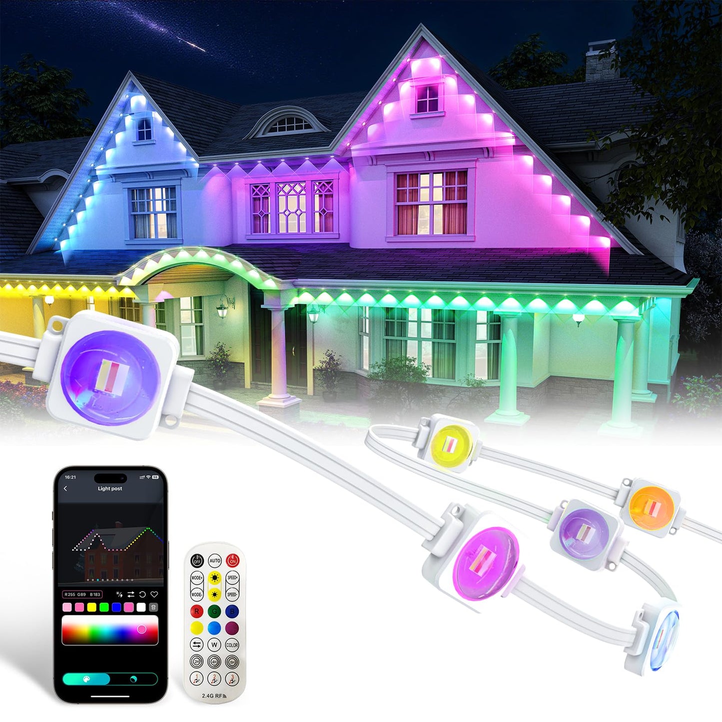 Mimirgb Permanent Outdoor Lights 200Ft Rgb Ic Outdoor Lights With 120 Led Lights For House Roof Christmas Holiday Party Daily Lighting Ip67 Waterproof Eaves Light With Multi Scene Modes For Halloween