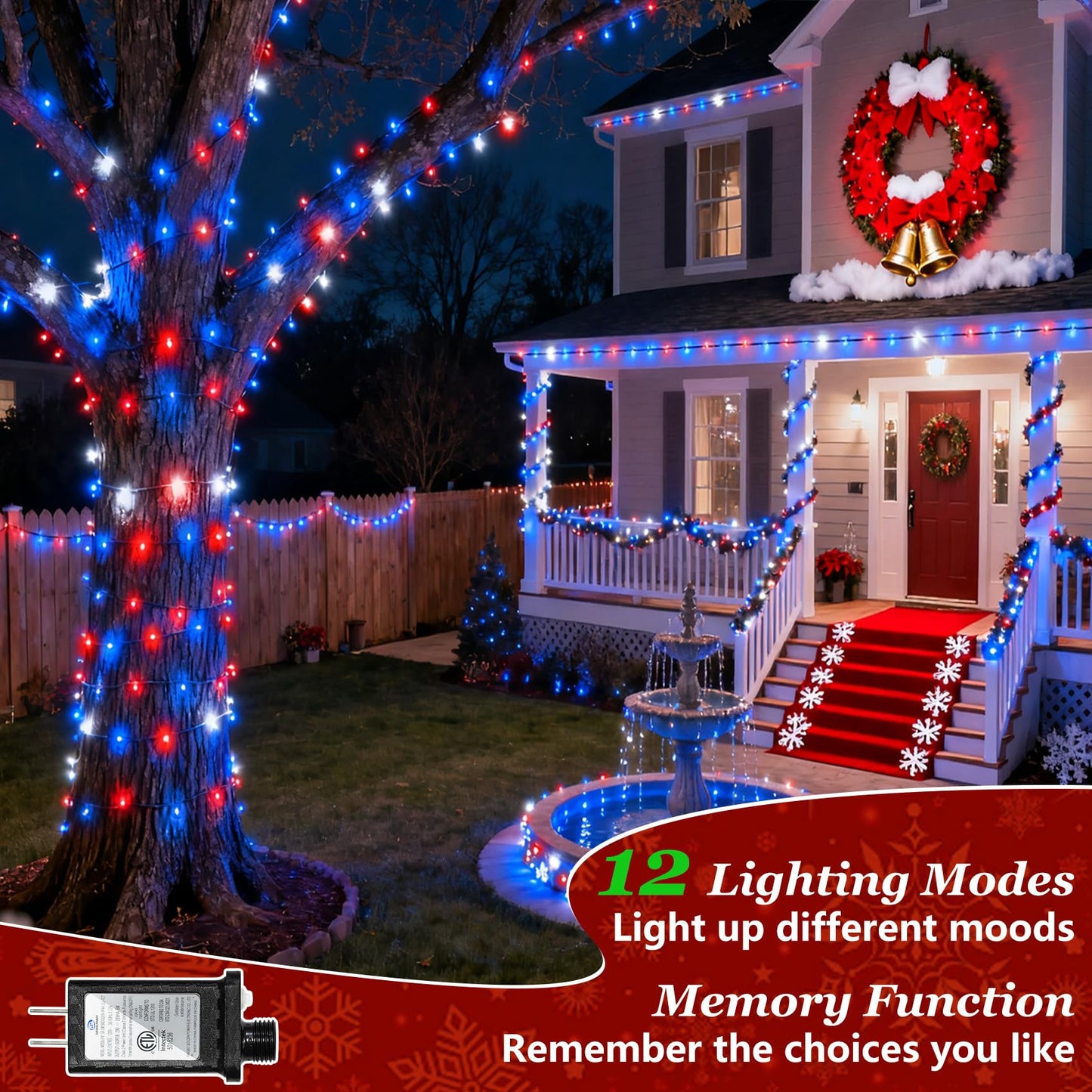 750 Led Christmas String Lights Outdoor  240Ft Twinkle Fairy Lights With Timer & Memory  12 Modes Dimmable Waterproof Tree Light For House Wedding Party Christmas Decororations  Red White & Blue