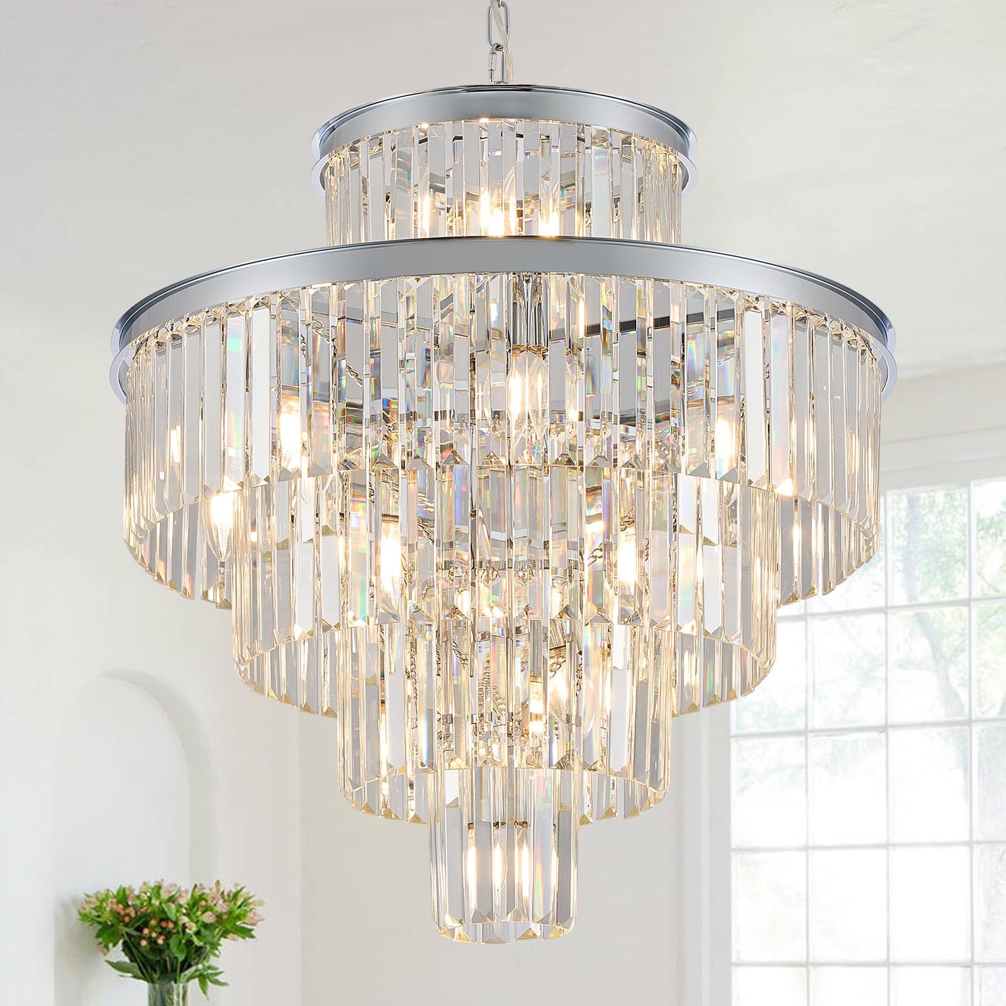 Modern Crystal Chrome Chandelier 15 Lights 24 Round Light Fixture stylish 5-Tier K9 Crystals Chandelier Contemporary Pendant Lighting For Dinning Room Living Room Foyer Kitchen