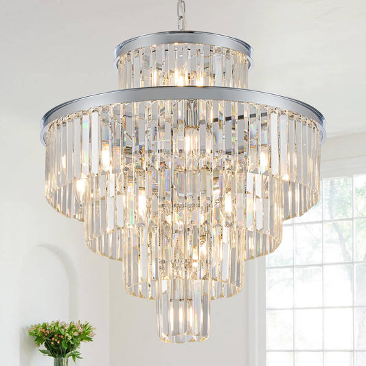 Modern Crystal Chrome Chandelier 15 Lights 24 Round Light Fixture stylish 5-Tier K9 Crystals Chandelier Contemporary Pendant Lighting For Dinning Room Living Room Foyer Kitchen