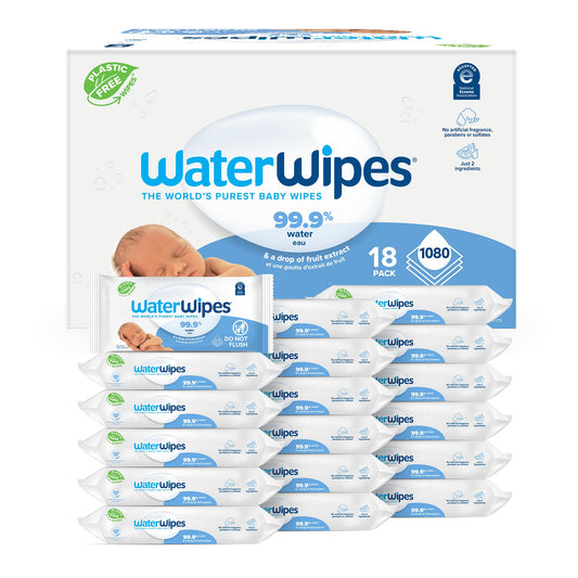 WaterWipes Plastic-Free Original-baby Wipes, 99.9% Water Based Wipes, Unscented & Hypoallergenic for Sensitive Skin, 60 Count (Pack of 9) Total 540 wipes, Packaging May Vary