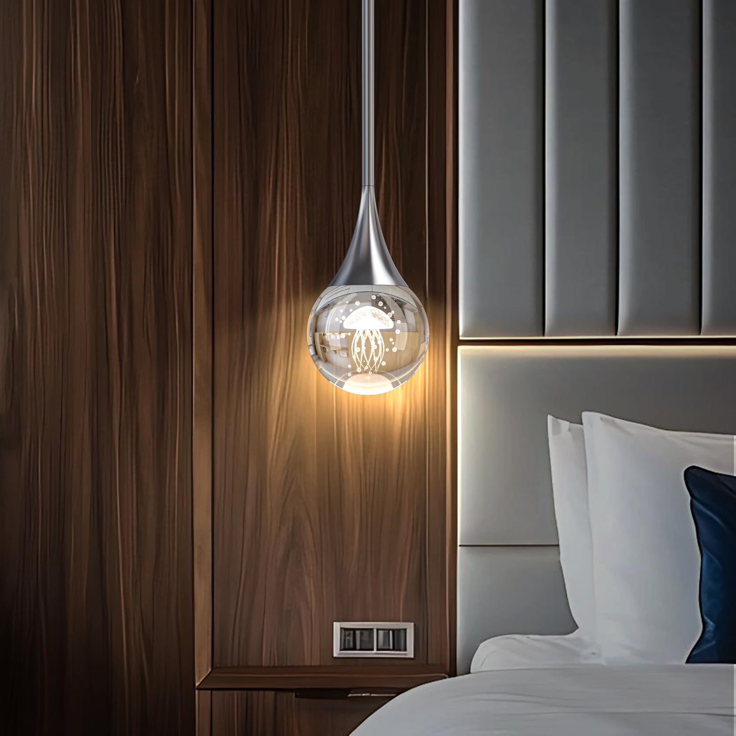 3-Pendant Lights Kitchen Island  Chrome Silver Crystal Globe Ceiling Hanging Light Fxitures  Led Lamp Metal Rod Ceiling Jellyfish Pendant Lighting For Kitchen Dining Room Bar