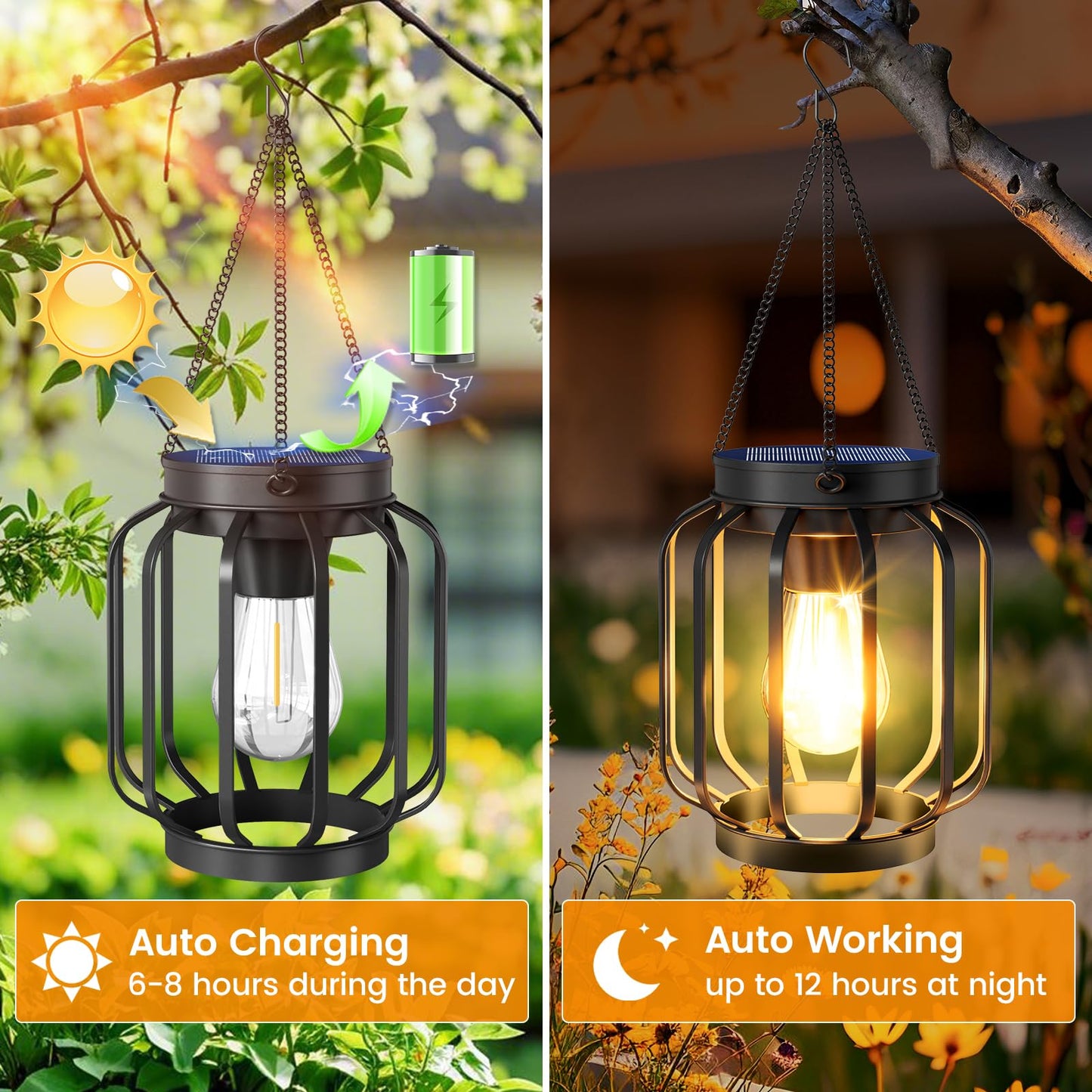 Aounq Solar Lanterns Outdoor Waterproof 4 Pack  14.37 Metal Hanging Solar Lights For Outside With Auto On/Off & Hook - Brighter Hanging Outdoor Lanterns Decorative Lighting For Garden Patio Yard