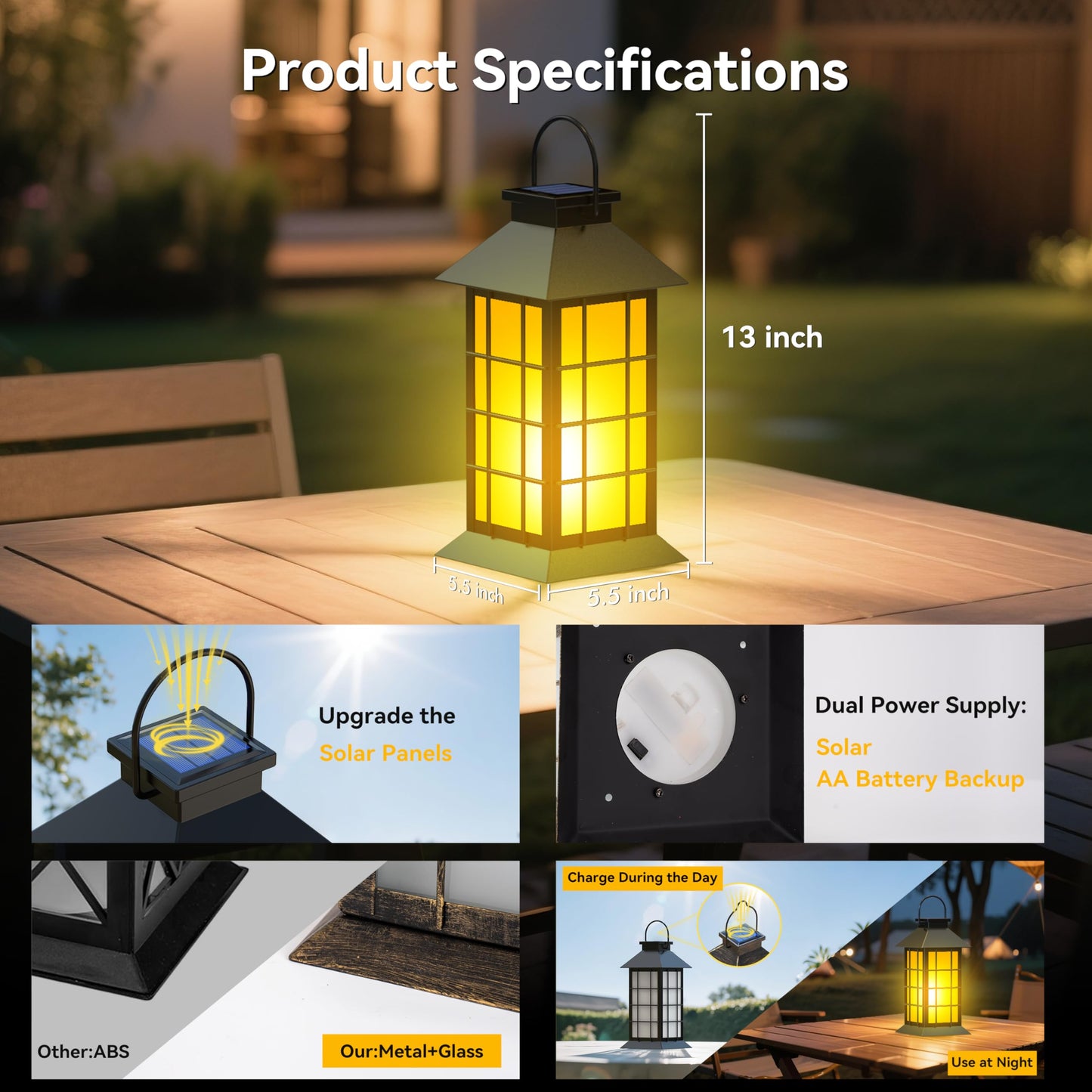 Anyperfect 2 Pack 13 Black Solar Lantern With Flickering Flame Candle | Outdoor Waterproof Hanging Solar Lanterns  Metal & Glass Lights For Garden Decoration  Rustic Gifts For Mom