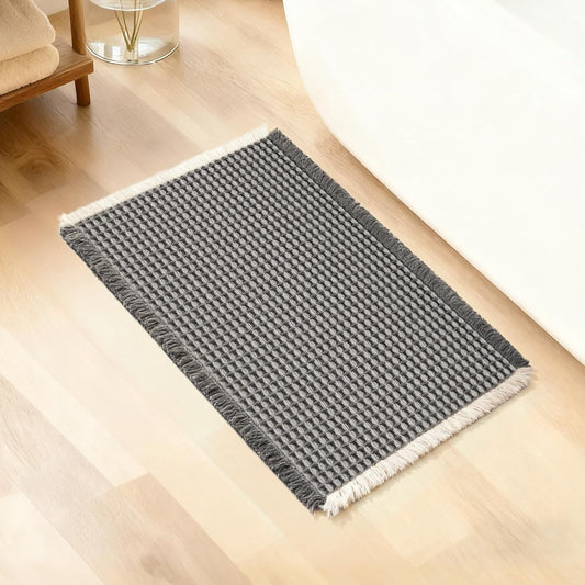 ArtyCozy Waffle Bath Mat, Super Absorbent Soft Non-Slip Boho Bath Rugs with Flat-Woven Hot Glue Backing for Bathroom, Machine Washable Bath Mats, 20" × 32", Grey & White