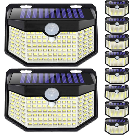 Hmcity Outdoor Solar Lights 120 Led With Motion Sensor And 3 Lighting Modes  Ip65 Waterproof  130  Wide Solar Wall Lights Powered For Garden Patio Yard(Front Button 10Packs  Daylight White)