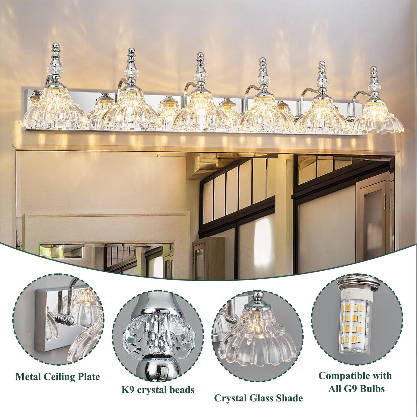 Lbsqj Vintage Bathroom Vanity Light  6-Light Chrome Vanity Lighting Fixture With Flower Glass Shade  Bathroom Lighting Fixtures Over Mirror