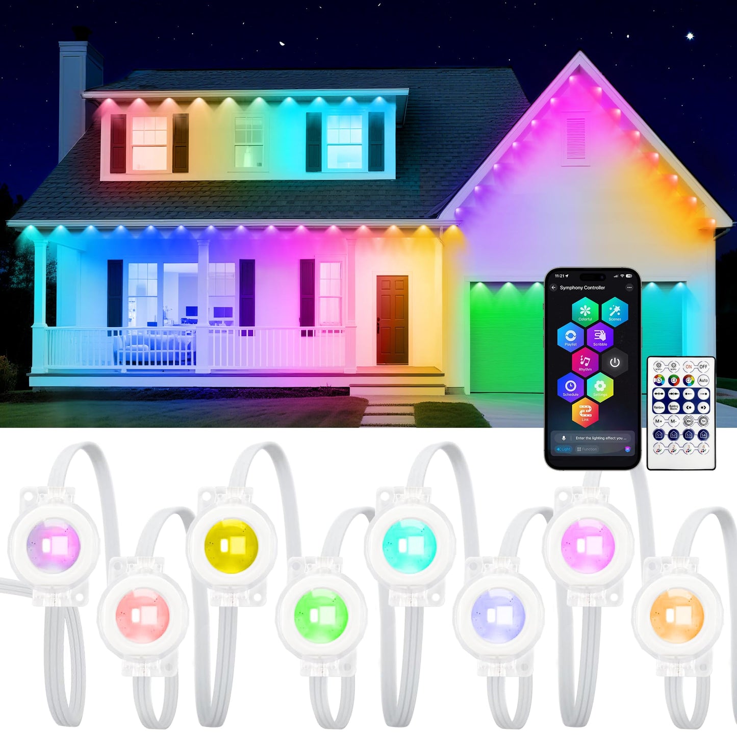 Vcoken Permanent Outdoor Lights  111Ft With Smart 72 Rgb Led Light For House & Outdoor Decor  Diy Scene Mode  Ip65 Waterproof Eaves Lighting With App Control Remote For Christmas And Holiday Decor