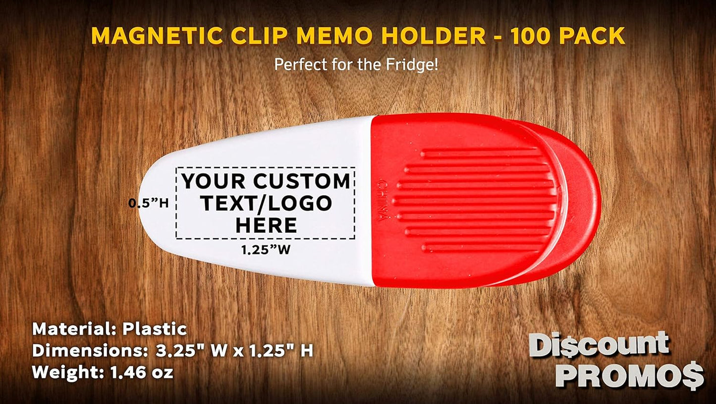 100 Magnetic Memo Holders Set - Customizable Text, Logo - Large Clip, Plastic - White Red