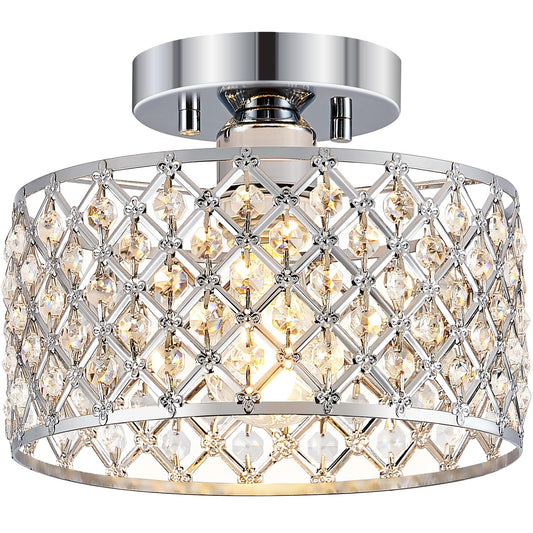Chrome Crystal Ceiling Light Fixture Modern Semi Flush Mount Ceiling Lighting Fixture Round Small Chandelier For Hallway  Entryway  Laundry Room  Kitchen  Bedroom  Foyer  Bathroom  1 Light  9 Inch