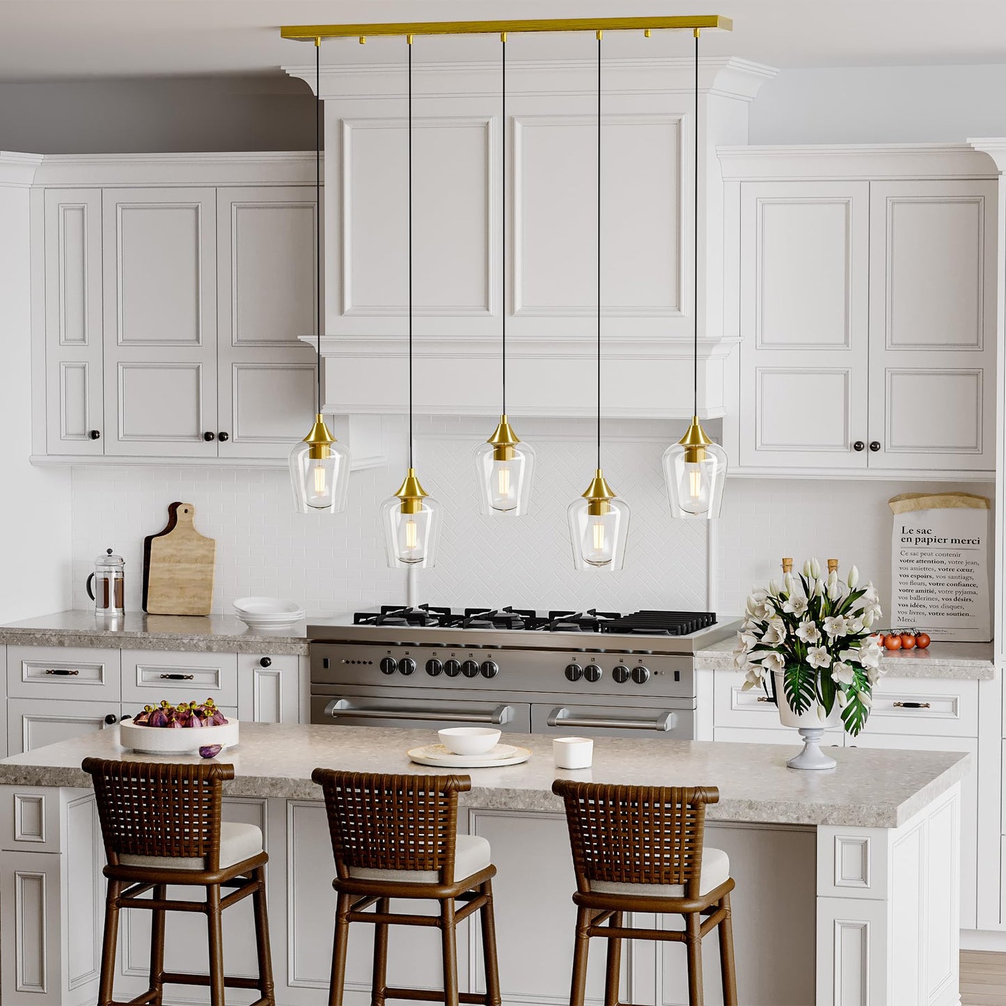 Vonluce 5-Light Pendant Light Kitchen Island  Pendant Light Fixture With 10-55 Height  Modern Pendant Lighting With Wine Glass Shades For Living Room Hallway  Brushed Gold  Etl Certificated