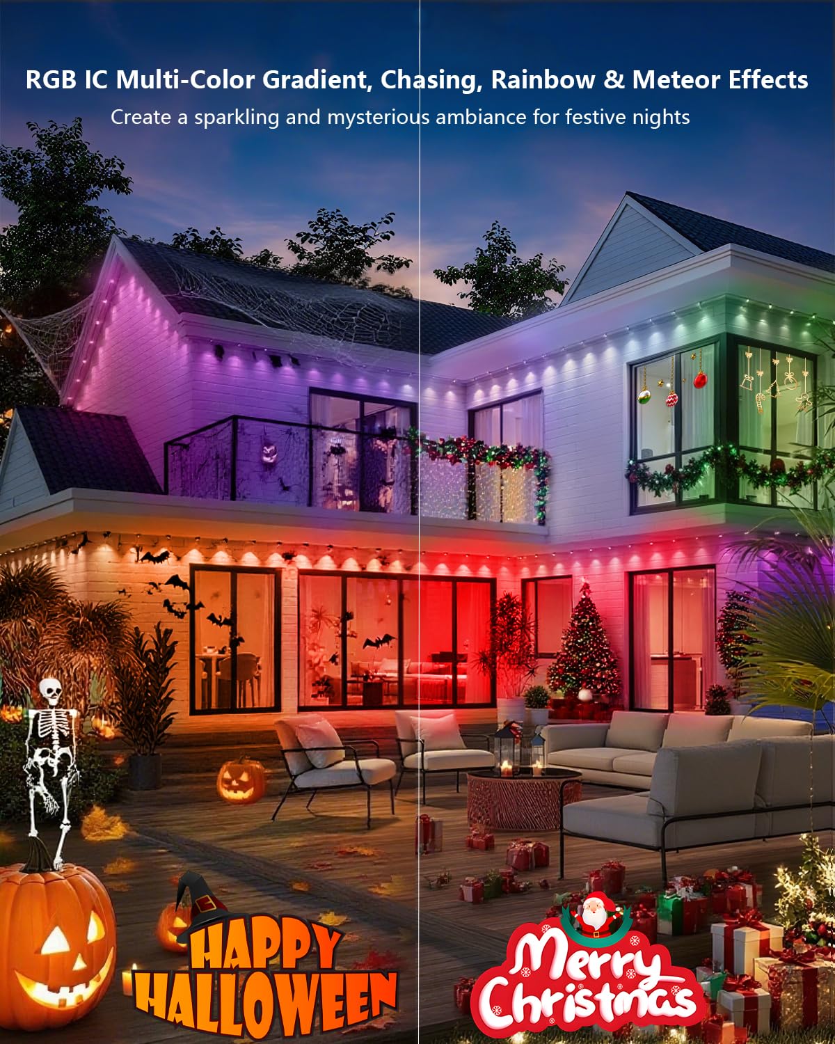 Mimirgb Permanent Outdoor Lights 50Ft Rgb Ic Outdoor Lights With 30 Led Lights For House Roof Christmas Holiday Party Daily Lighting Ip67 Waterproof Eaves Light With Multi Scene Modes For Halloween