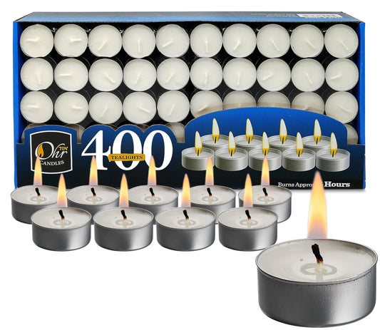 OHR CANDLES Tealight Candles 400 Pack Unscented White Wax 4 Hour Burn Time Model 28088