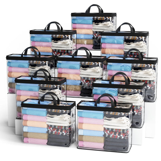 10PACK Clear Zippered Storage Bag for Clothes, 22L Clear Storage Bags, and Blanket Storage Bags for Bedding, Linen, Blankets, Comforters, Clothing & Toys (Black)