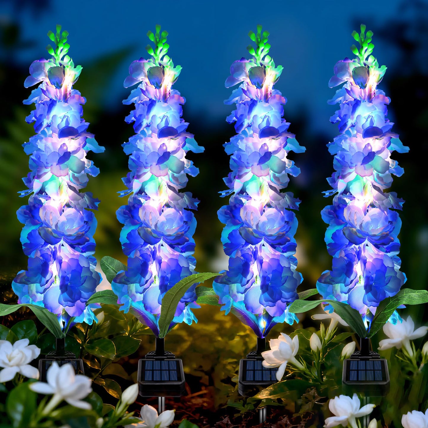 Mrhephaestus Solar Garden Lights  Solar Blue Delphinium Flowers Lights 8 Pack 160 Leds  Waterproof Outdoor Light Two Lighting Modes For Outside Wedding Party Garden Yard Patio Lawn Decor