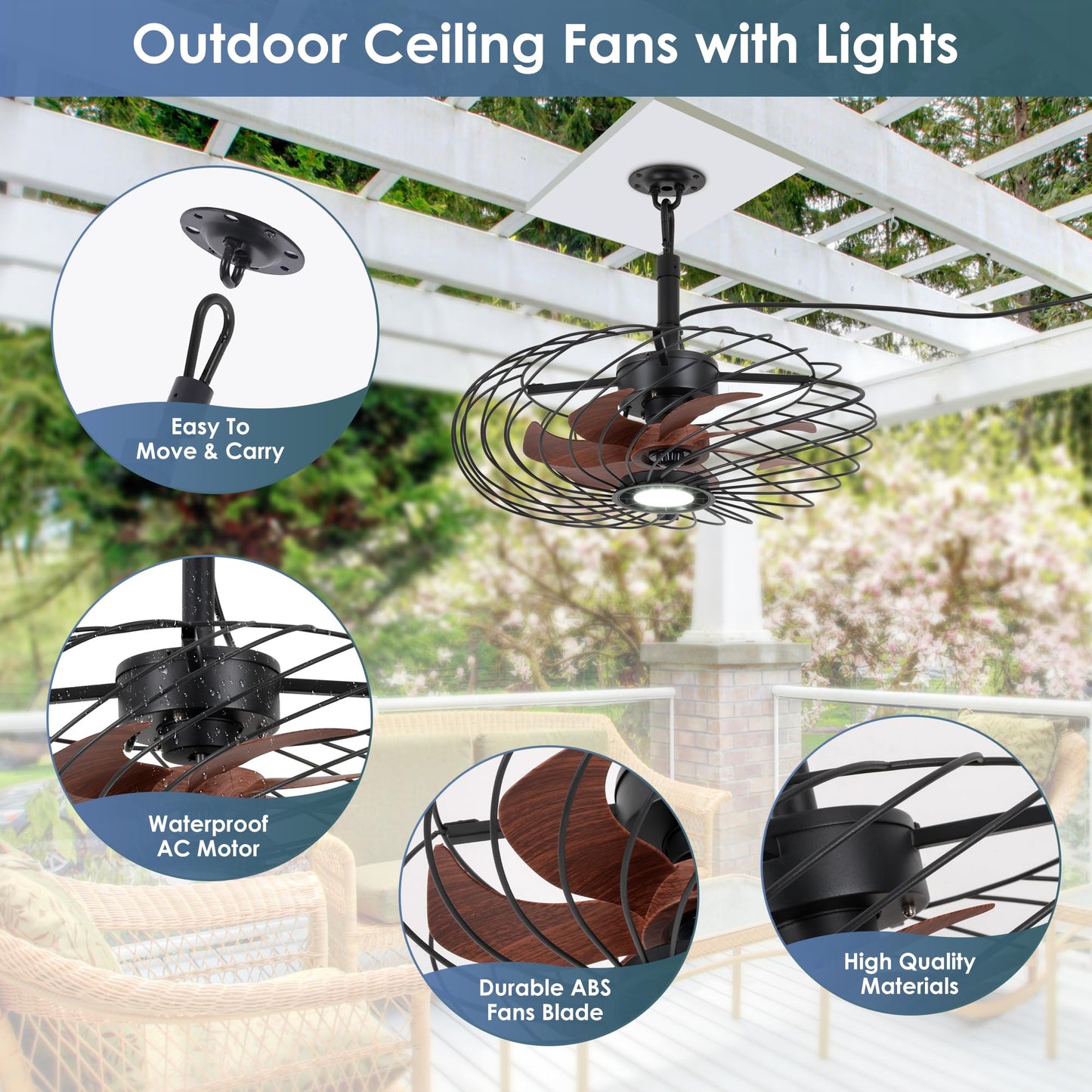 Osgner 20 Outdoor Ceiling Fan With Light  Waterproof Gazebo Fan Remote Control  Dimmable Led Light  Hanging Black Caged Ceiling Fixtures With Plug In Cord For Patios Pergola