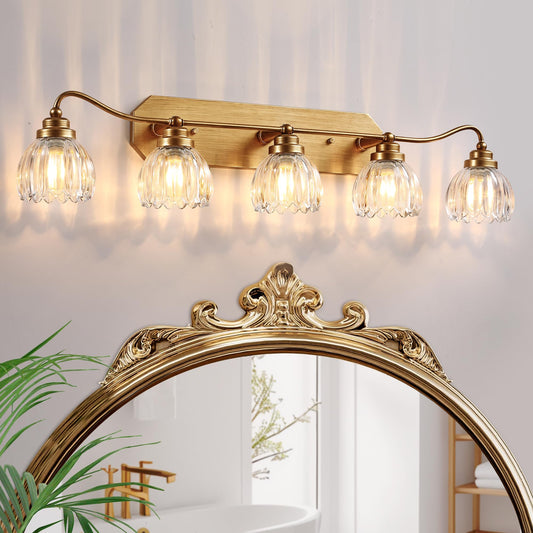 Vintage Bathroom Light Fixtures  5 Light Gold Bathroom Vanity Light  Matte Antique Brass Finish With Crystal Glass Shade  Wall Sconces Lighting For Bedroom  Living Room  Hallway