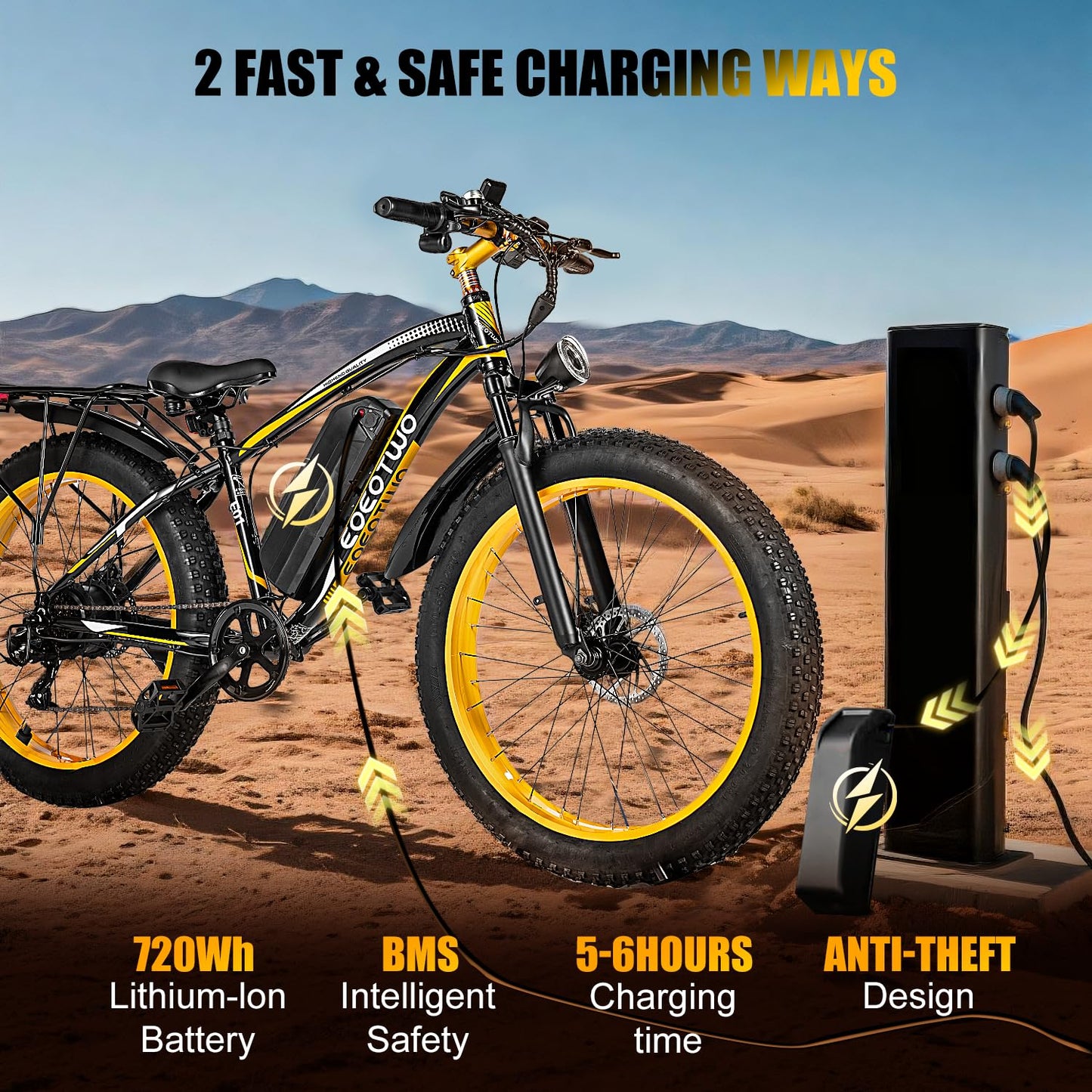 EOEOTWO 26" Fat tire Electric Bike for Adults, 1500W Peak Motor, 60 Miles Range Mountain Ebike, 34 MPH Speed,48V 15Ah Removable Battery, Off Road Mountain Commuting for Men, 7 Speed Yellow