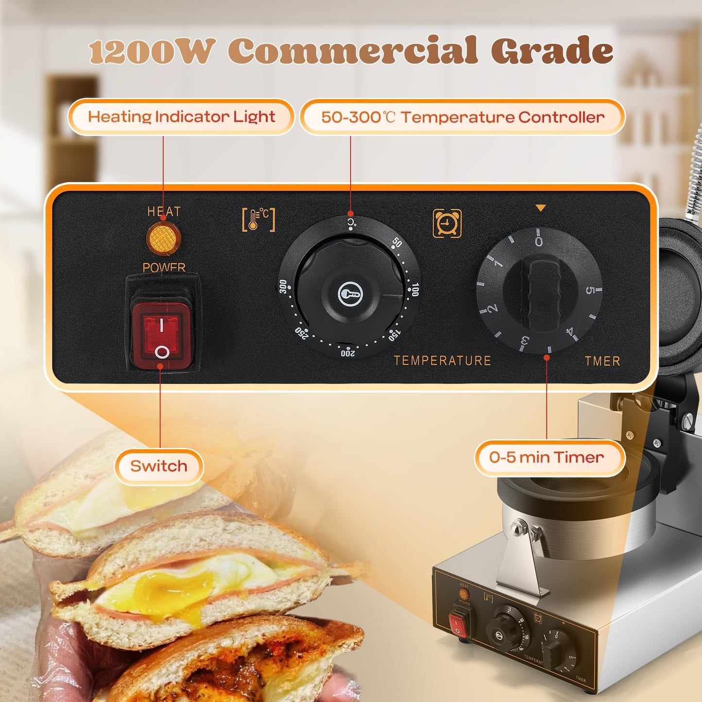 Moongiantgo UFO Burger Waffle Maker, Ice Cream Filling Burger Machine With 0-5 Time & 50-300℃ Temp Control, Double-Sided Heating Hamburger Maker Non-Stick Gelato Panini Press For Home Kitchen (110V)
